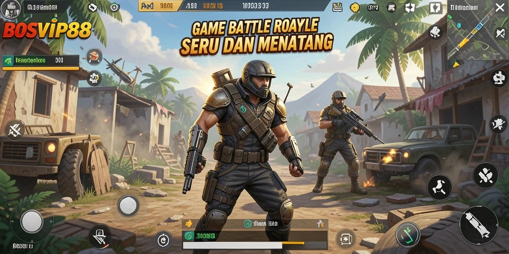 Screenshot gameplay BOSVIP88 menampilkan pertempuran seru di pulau terpencil.