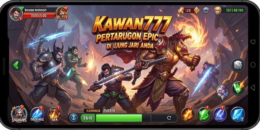 Screenshot gameplay KAWAN777 menampilkan pertarungan yang intens dan karakter-karakter epik.