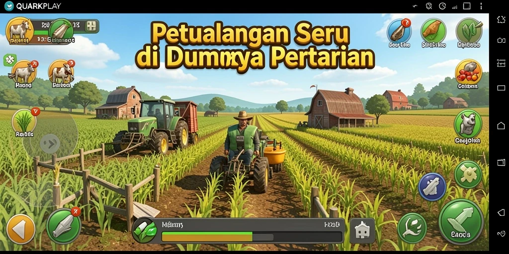 Screenshot utama QUARKPLAY menampilkan aktivitas pertanian yang mengasyikkan.