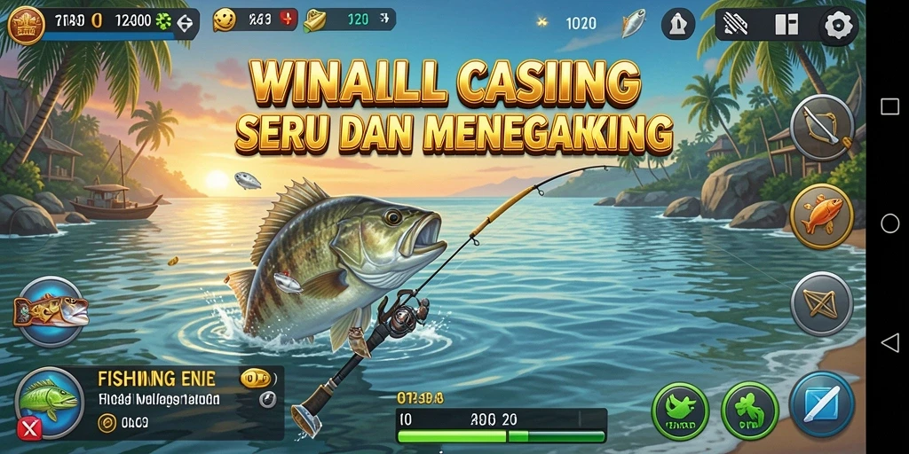 Screenshot gameplay WINALLCASINO menampilkan aksi menangkap ikan yang seru.